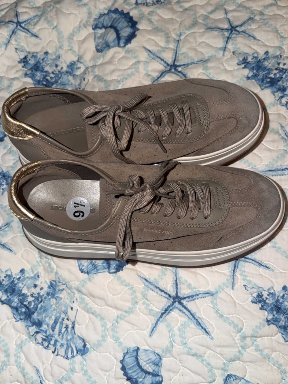 Michael Kors Taupe Suede Low-Top Sneakers with Gold Heel Tab